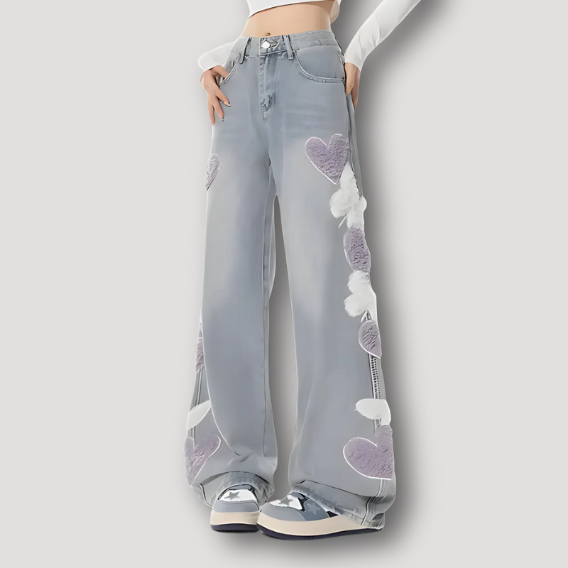 Fluffy Heart and Butterfly Patches Light Wash Grey Wide Leg Jeans Women