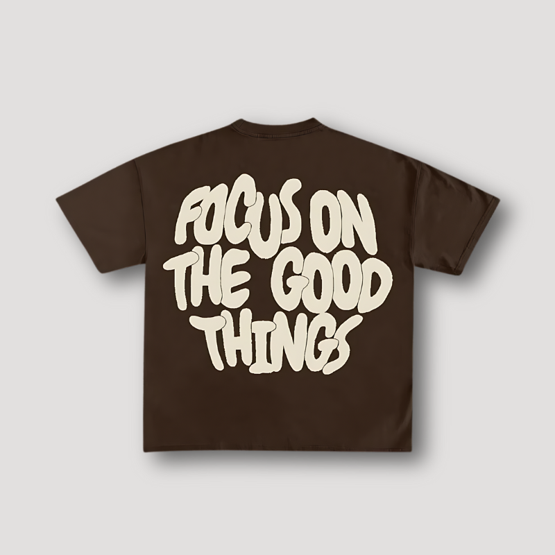 "FOCUS ON THE GOOD THINGS" Brown Short Sleeve Graphic T Shirt