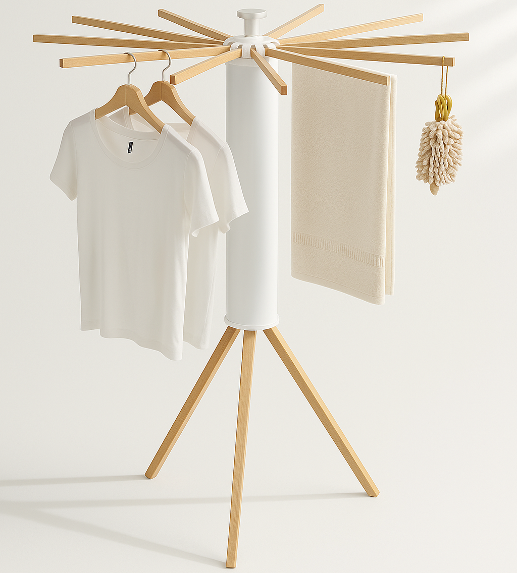 Foldable Tripod Clothes Drying Rack – Portable Wooden Airer – Space-Saving Laundry Stand (16 Rods)
