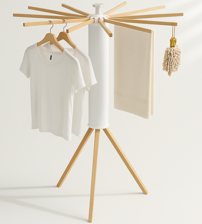Foldable Tripod Clothes Drying Rack – Portable Wooden Airer – Space-Saving Laundry Stand (16 Rods)