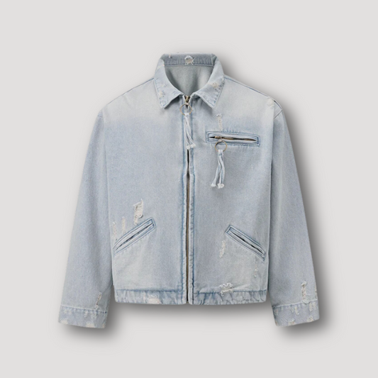 Retro Ripped Zip Pockets Cropped Denim Jackets for Men