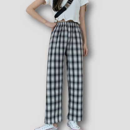 Classic Checkered Plaid Pattern High Rise Wide Leg Pants