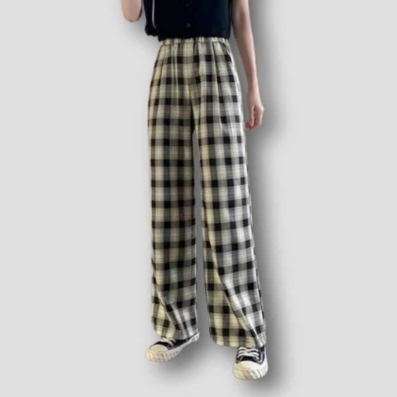 Classic Checkered Plaid Pattern High Rise Wide Leg Pants