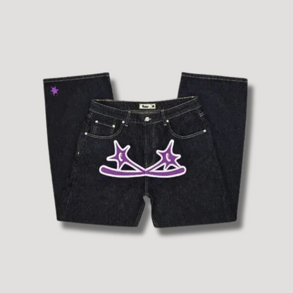 Retro Star Print Denim Jeans Dark