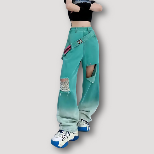 Green Faded Ripped Denim Strap Wide Leg Baggy Jeans on Women