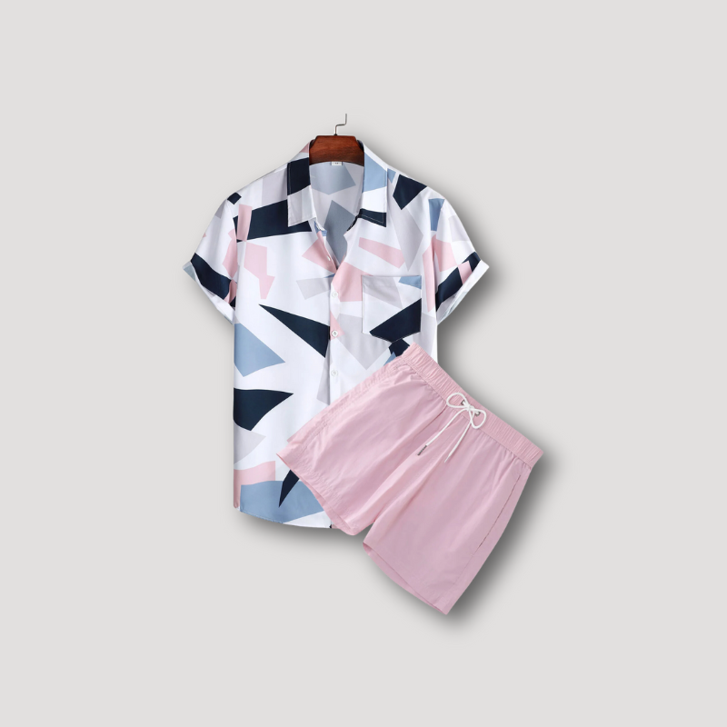 2 Piece Sets Geometric Polo Shirts & Pink Shorts for Men