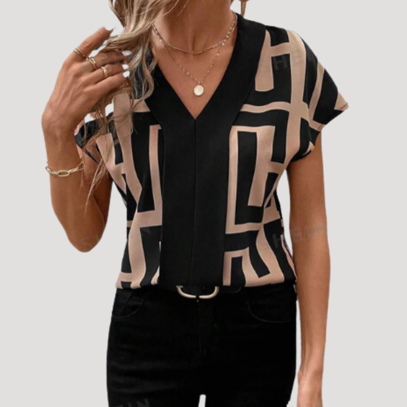 Geometric Patterns V Neck Short Sleeve Blouse