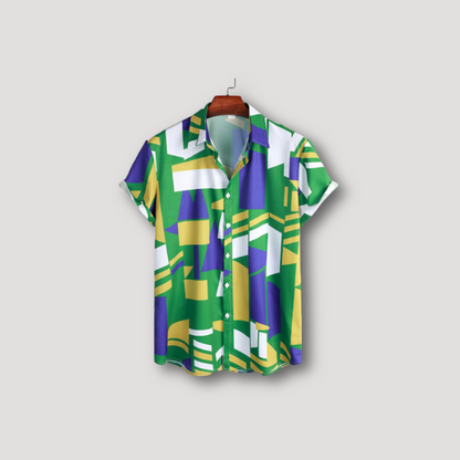 Geometric Print Hawaiian Button Up Shirt Short Sleeve