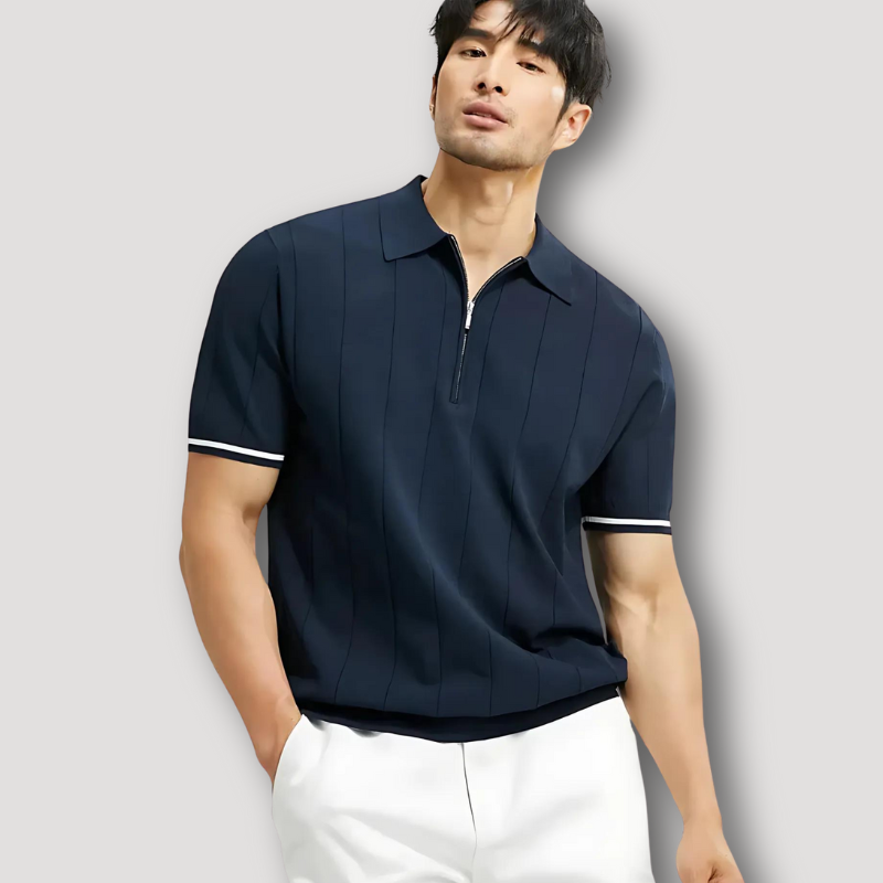 Ribbed Knit Seamless Quarter Zip Polo Shirts on Men