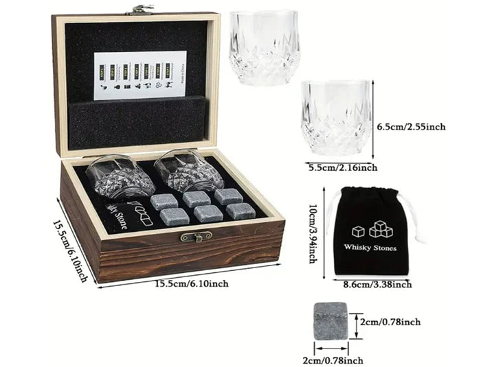 Glass Whiskey Bottle Box Gift - Crafted Wooden Box - Granite Chilling Stone