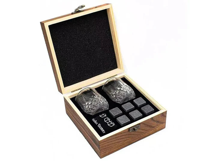 Glass Whiskey Bottle Box Gift - Crafted Wooden Box - Granite Chilling Stone