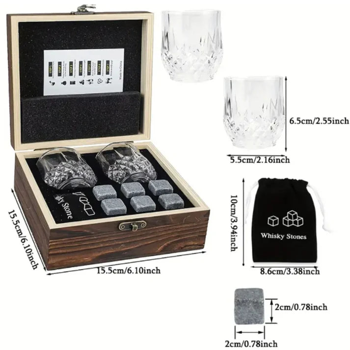 Glass Whiskey Bottle Box Gift - Crafted Wooden Box - Granite Chilling Stone