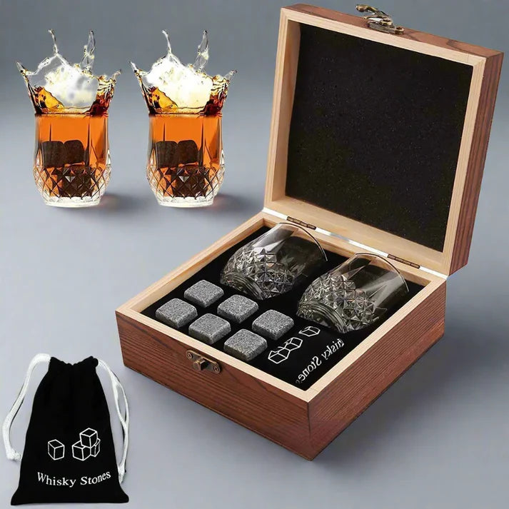 Glass Whiskey Bottle Box Gift - Crafted Wooden Box - Granite Chilling Stone