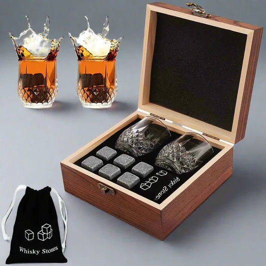 Glass Whiskey Bottle Box Gift - Crafted Wooden Box - Granite Chilling Stone