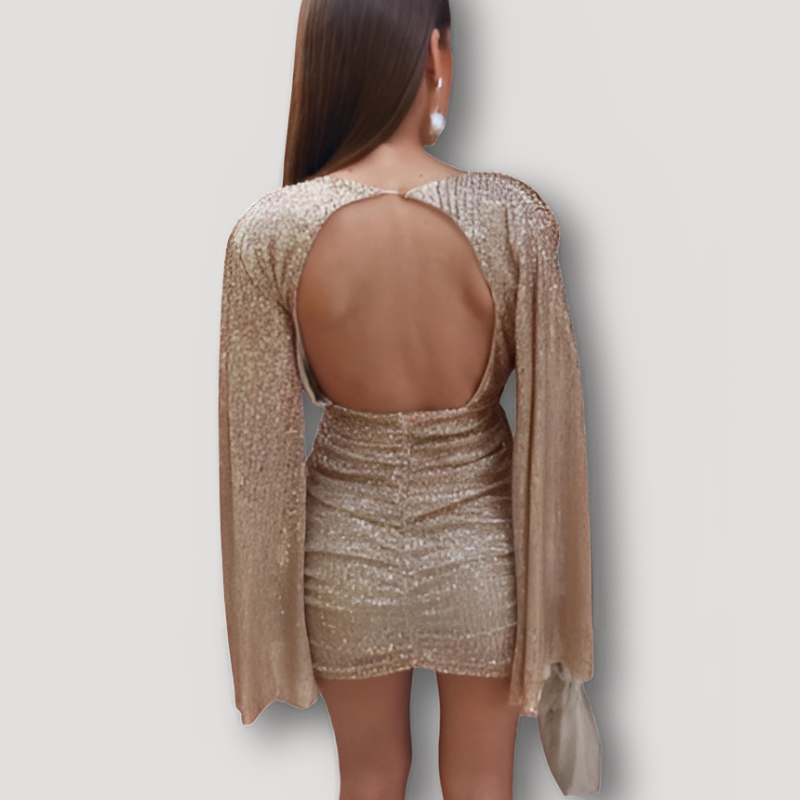 Glitter Sequins V-neck Long Slit Sleeve Bodycon Mini Evening Dress Australia