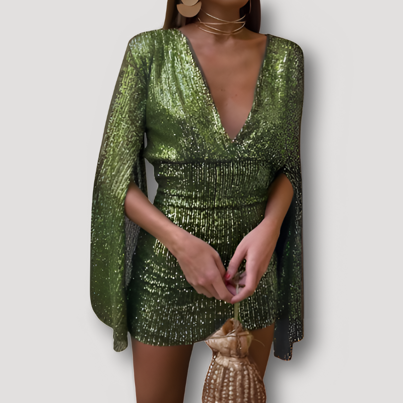 Glitter Sequins V-neck Long Slit Sleeve Bodycon Mini Evening Dress Australia