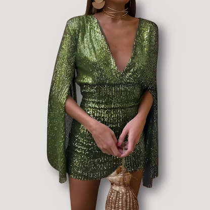 Glitter Sequins V-neck Long Slit Sleeve Bodycon Mini Evening Dress Australia