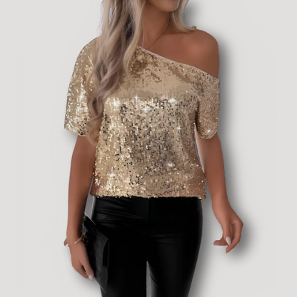 Short Sleeve One Shoulder Sequin Top Womens