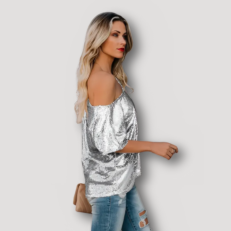 Short Sleeve One Shoulder Sequin Top Womens