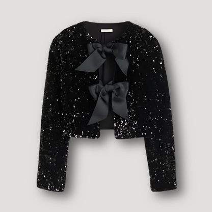 Black Bow Long Sleeve Glitter Sequin Party Tops for Women