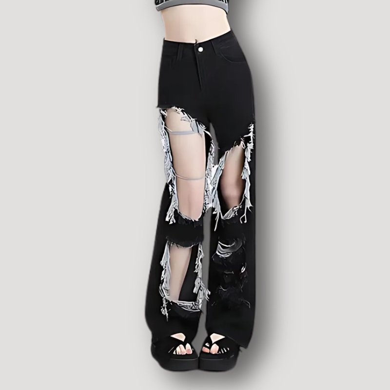 High Rise Cut Out Women's Black Ripped Jeans