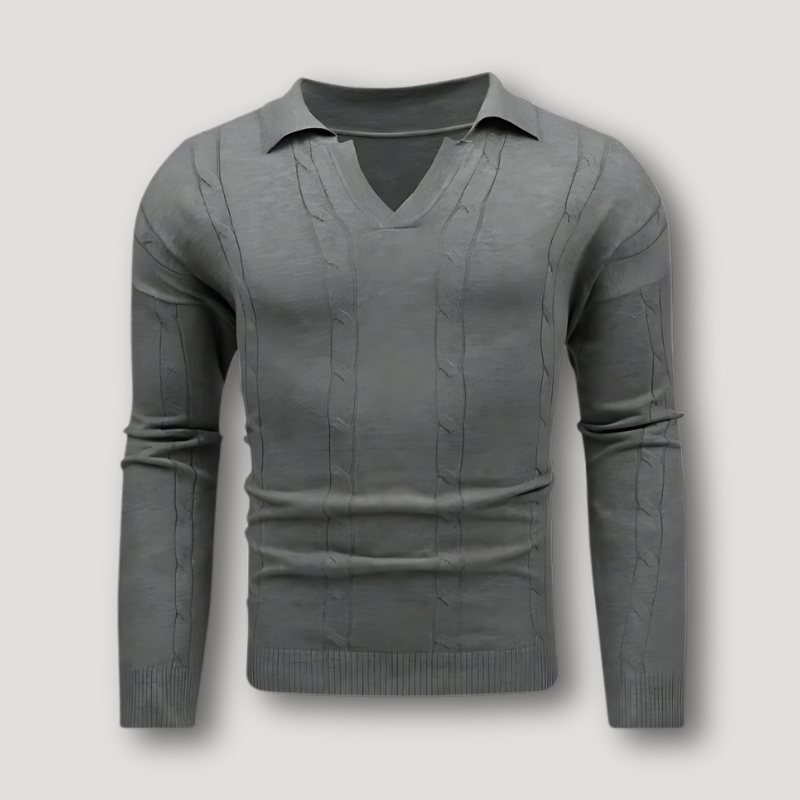 Slim Fitted V-Neck Polo Shirts Cable Knitted Sweater Grey