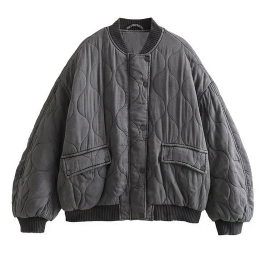 Gray Bomber Cotton Jacket - Single Breasted - Front Zipper