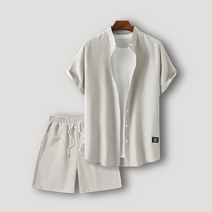 Two Piece Dirty White Button Up Collar Linen Sets Summer Outfit