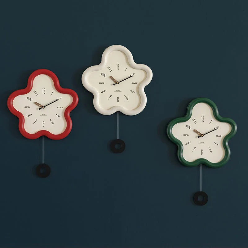 Green- Red-white -Floral Pendulum Clock - Wall Clock Quiet - Wooden Clock - Battery Operated -woman