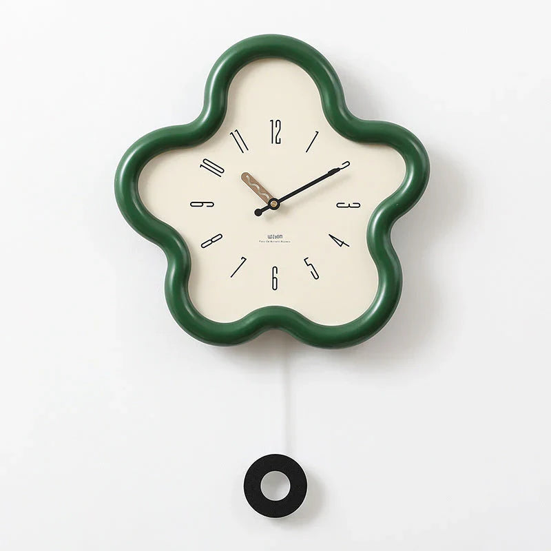 Green Floral Pendulum Clock - Wall Clock Quiet - Wooden Clock - Battery Operated