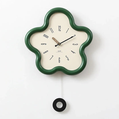 Green Floral Pendulum Clock - Wall Clock Quiet - Wooden Clock - Battery Operated