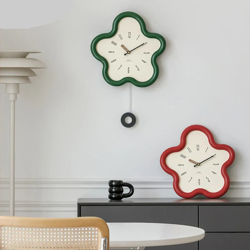 Green and Red -Floral Pendulum Clock - Wall Clock Quiet - Wooden Clock - Battery Operated -woman