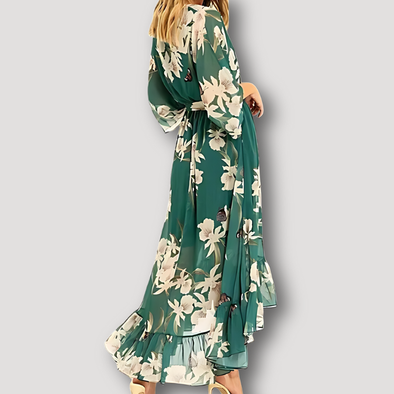 Asymmetrical Green Floral Print Chiffon Maxi Dress Australia