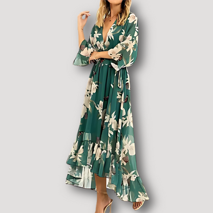 Asymmetrical Green Floral Print Chiffon Maxi Dress Australia