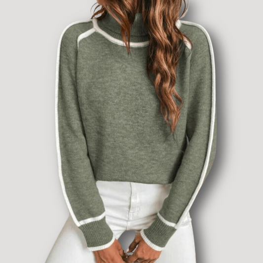 Olive Green White Accent Wool Knitted Sweater Turtleneck