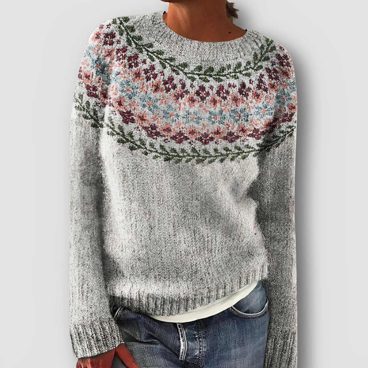 Women's Nordic Floral Knitted Sweater Grey