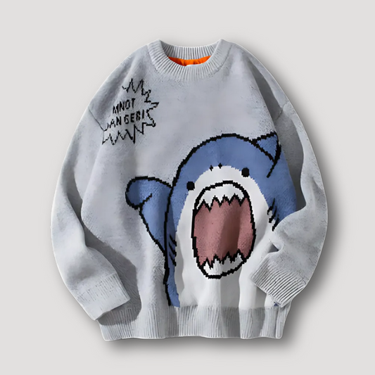 Cartoon Shark Graphic Print Oversized Rib Knit Gray Sweater