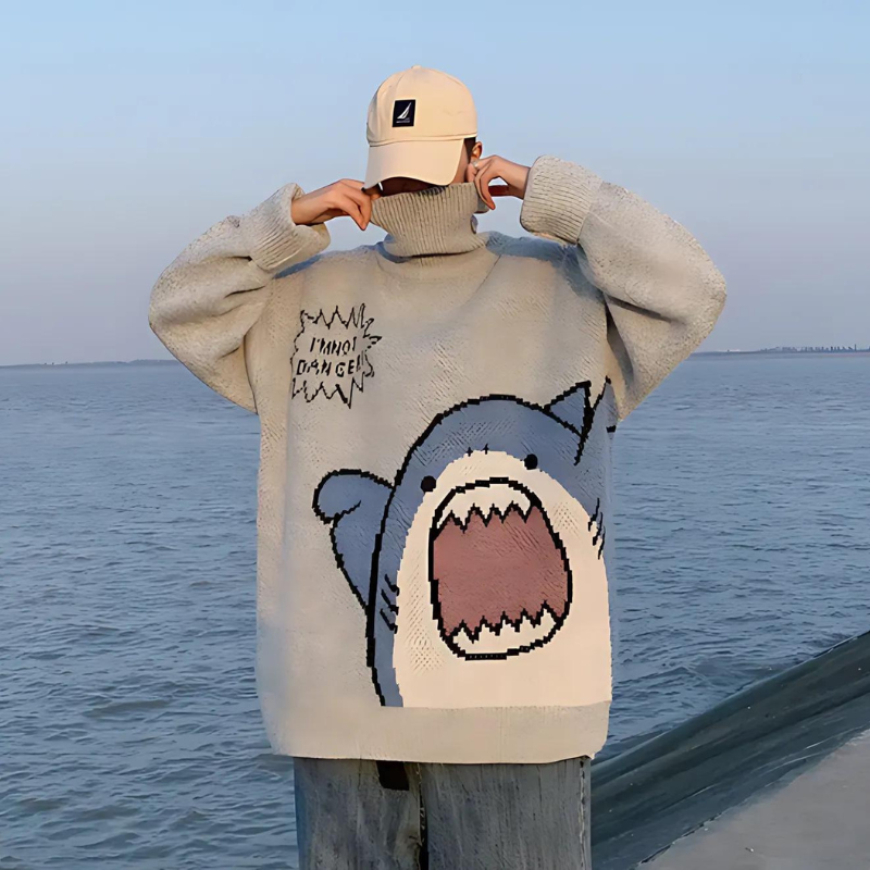 Cartoon Shark Graphic Print Oversized Rib Knit Gray Sweater