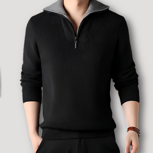 Ribbed Knit Contrast Color High Collar Quarter Zip Sweater for Men Knitted