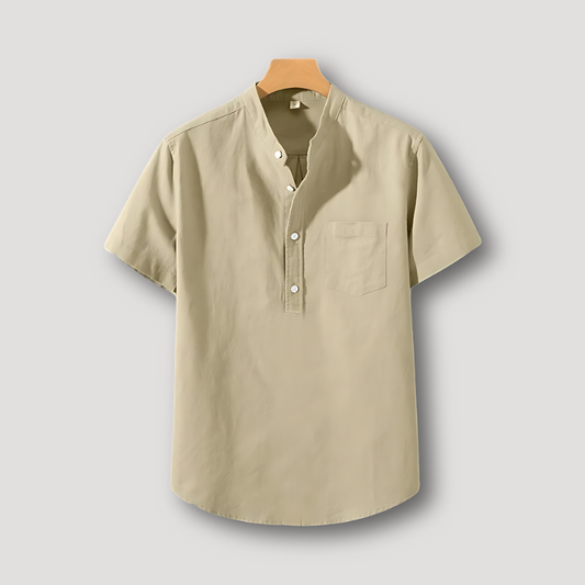 Solid Collarless Half Button Up Henley Shirt Men