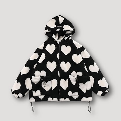 Oversized Heart Full Print Fleece Hoodie Jacket