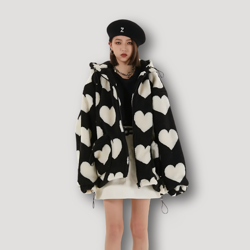 Oversized Heart Full Print Fleece Hoodie Jacket