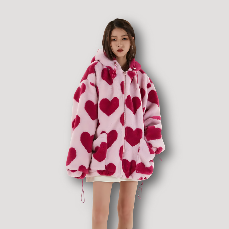 Oversized Heart Full Print Fleece Hoodie Jacket