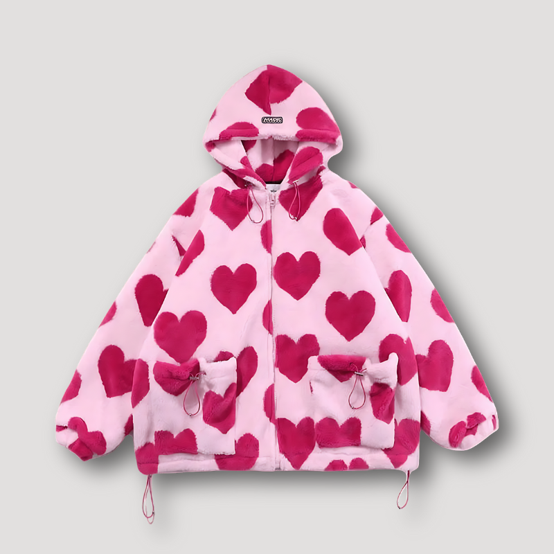 Oversized Heart Full Print Fleece Hoodie Jacket