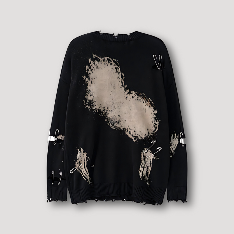 Ripped Tie Dye Safety Pins Stitching Oversized Knit Sweater