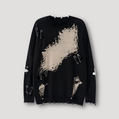 Ripped Tie Dye Safety Pins Stitching Oversized Knit Sweater