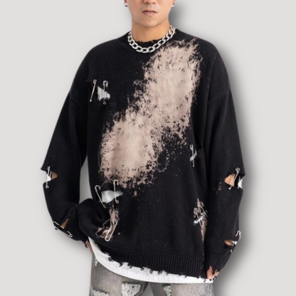 Ripped Tie Dye Safety Pins Stitching Oversized Knit Sweater