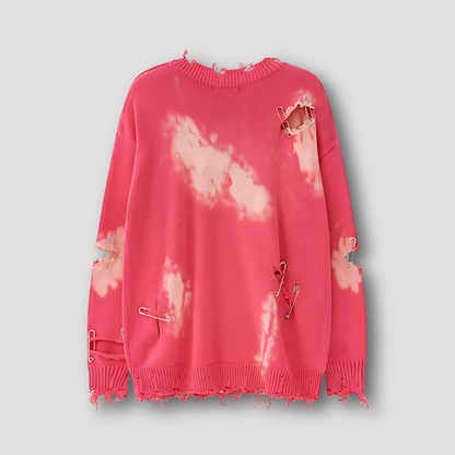 Ripped Tie Dye Safety Pins Stitching Oversized Knit Sweater