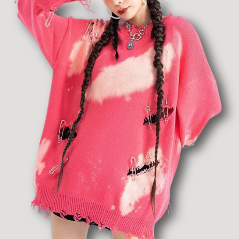 Ripped Tie Dye Safety Pins Stitching Oversized Knit Sweater