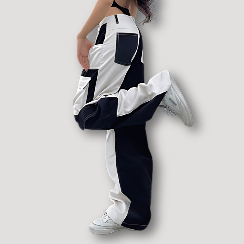 Color Blocked Straight Leg Baggy Cargo Pants Women